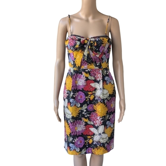 Moulinette Soeurs Floral Cocktail Dress – Bow Front Spaghetti Straps Pockets - 4 - Picture 3 of 10